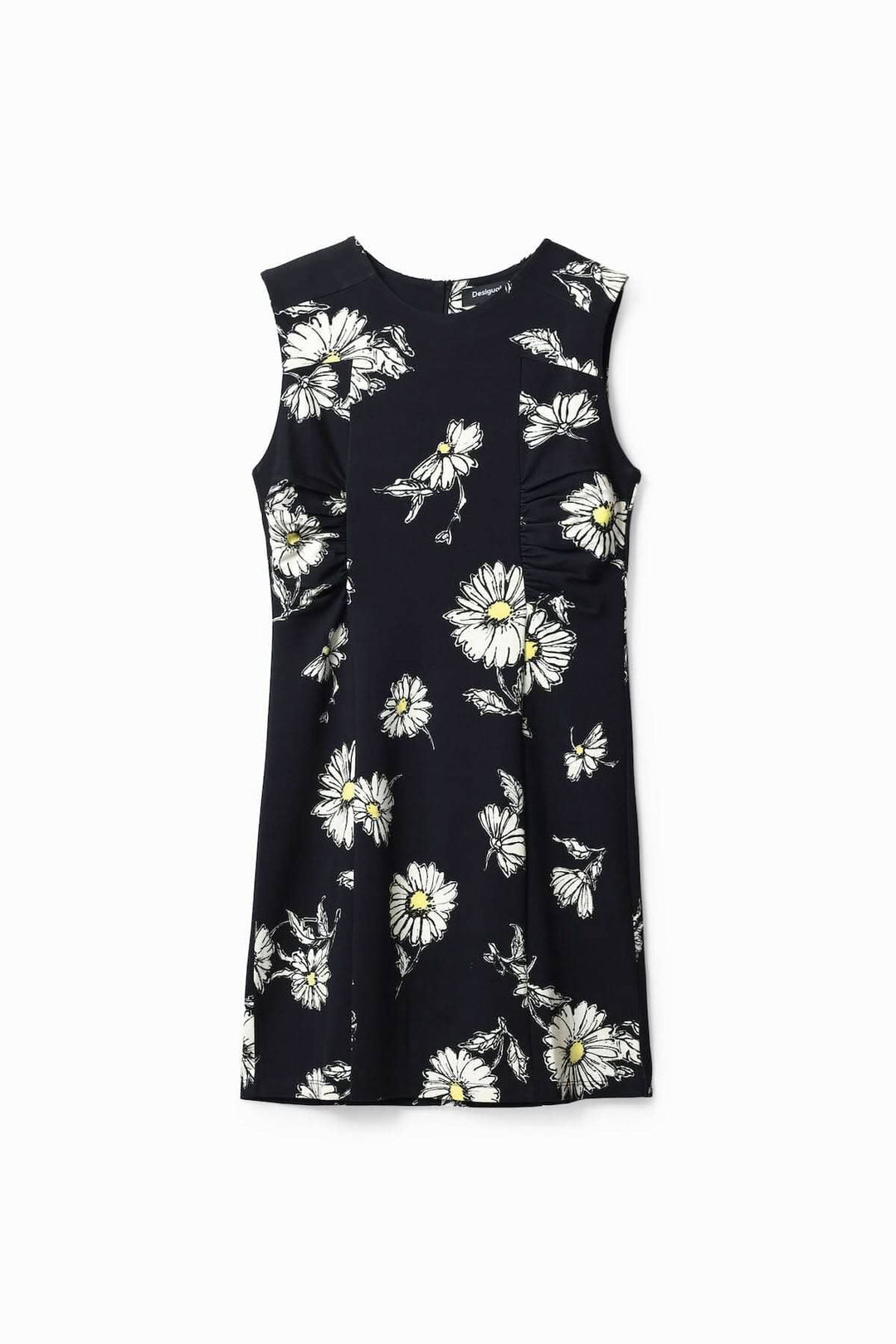 Robe courte sans manches avec imprimé de marguerites sur fond noir, parfaite pour les journées chaudes.