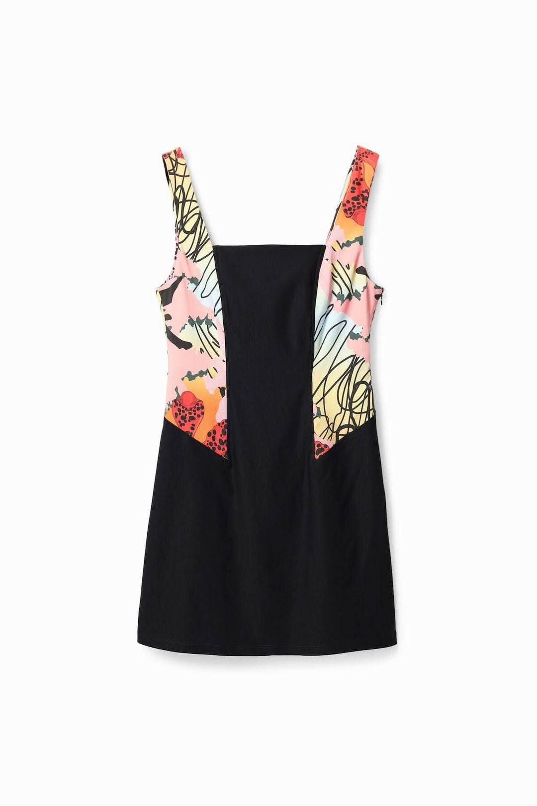 Robe courte à imprimé floral sur les côtés, coupe ajustée, encolure carrée et larges bretelles.