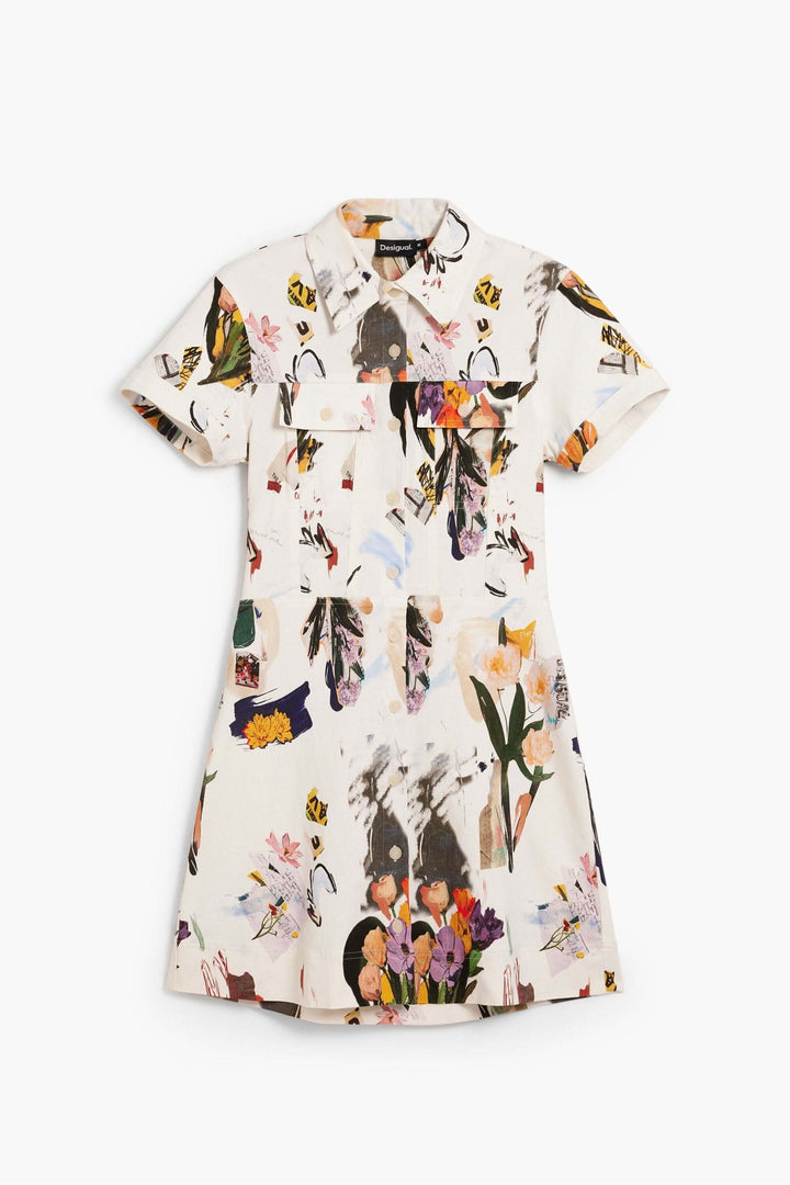 Robe courte collage structurée avec imprimé artistique, coupe cintrée, idéale pour un look soigné.