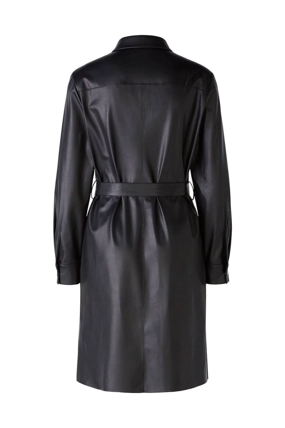 Robe en cuir noir à manches longues, silhouette élégante avec ceinture intégrée, vue arrière.