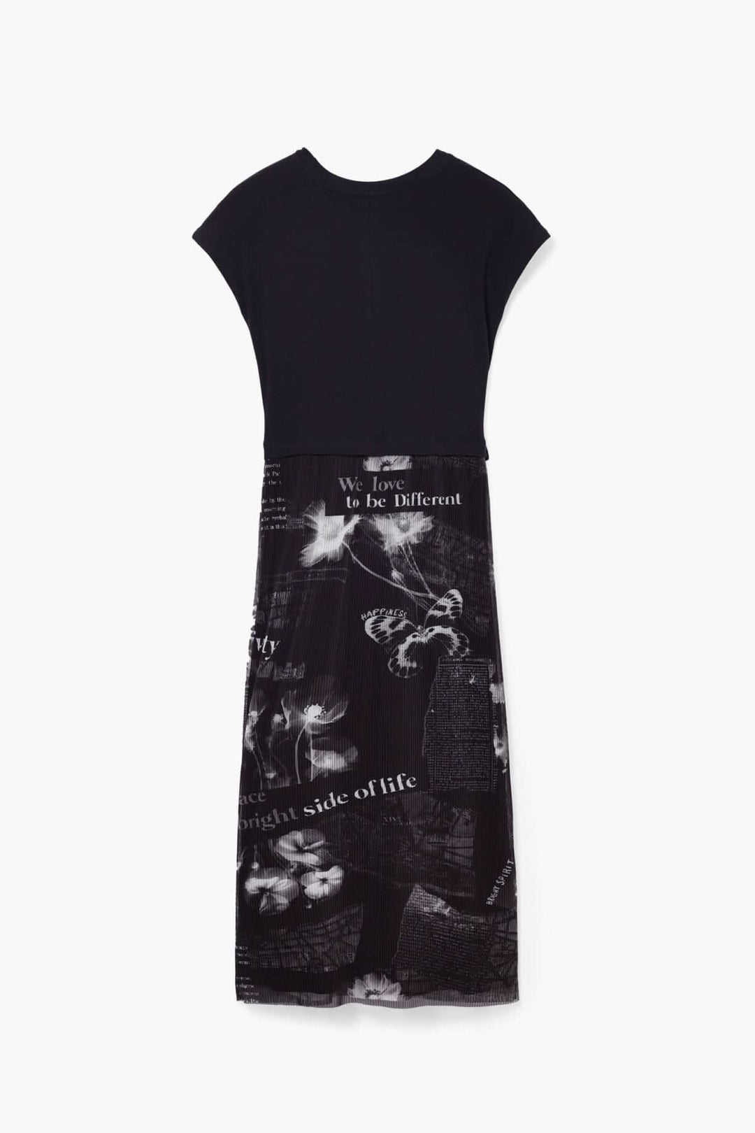 Robe midi noire à manches courtes avec motif graphique et encolure ronde, style chic et décontracté.