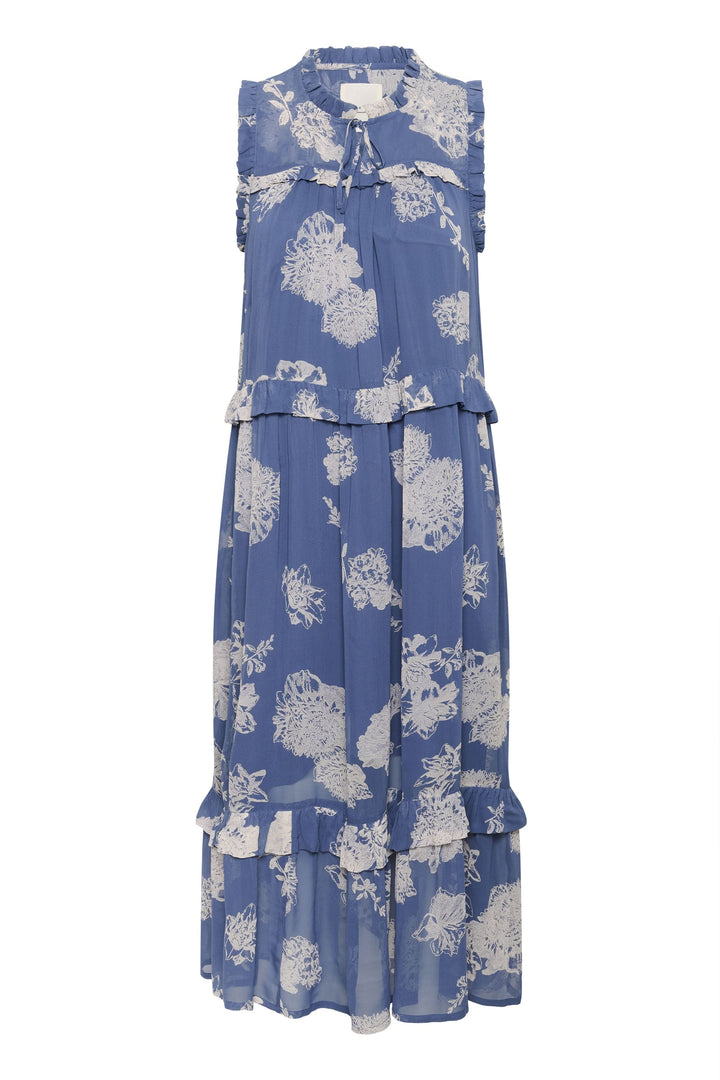 Robe longue Riyana sans manches avec imprimé floral bleu et volants délicats, parfaite pour l&