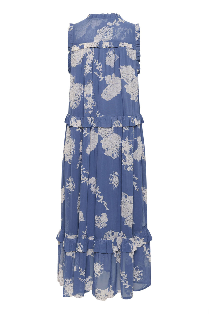 Robe longue Riyana bleu à imprimé floral, sans manches, avec volants délicats, parfaite pour l&