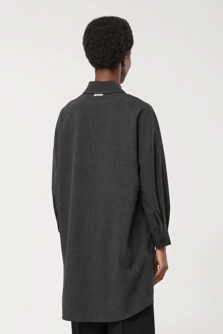 Robe à manches longues en gris avec col chemise et coupe ample, vue de dos, design minimaliste et élégant.