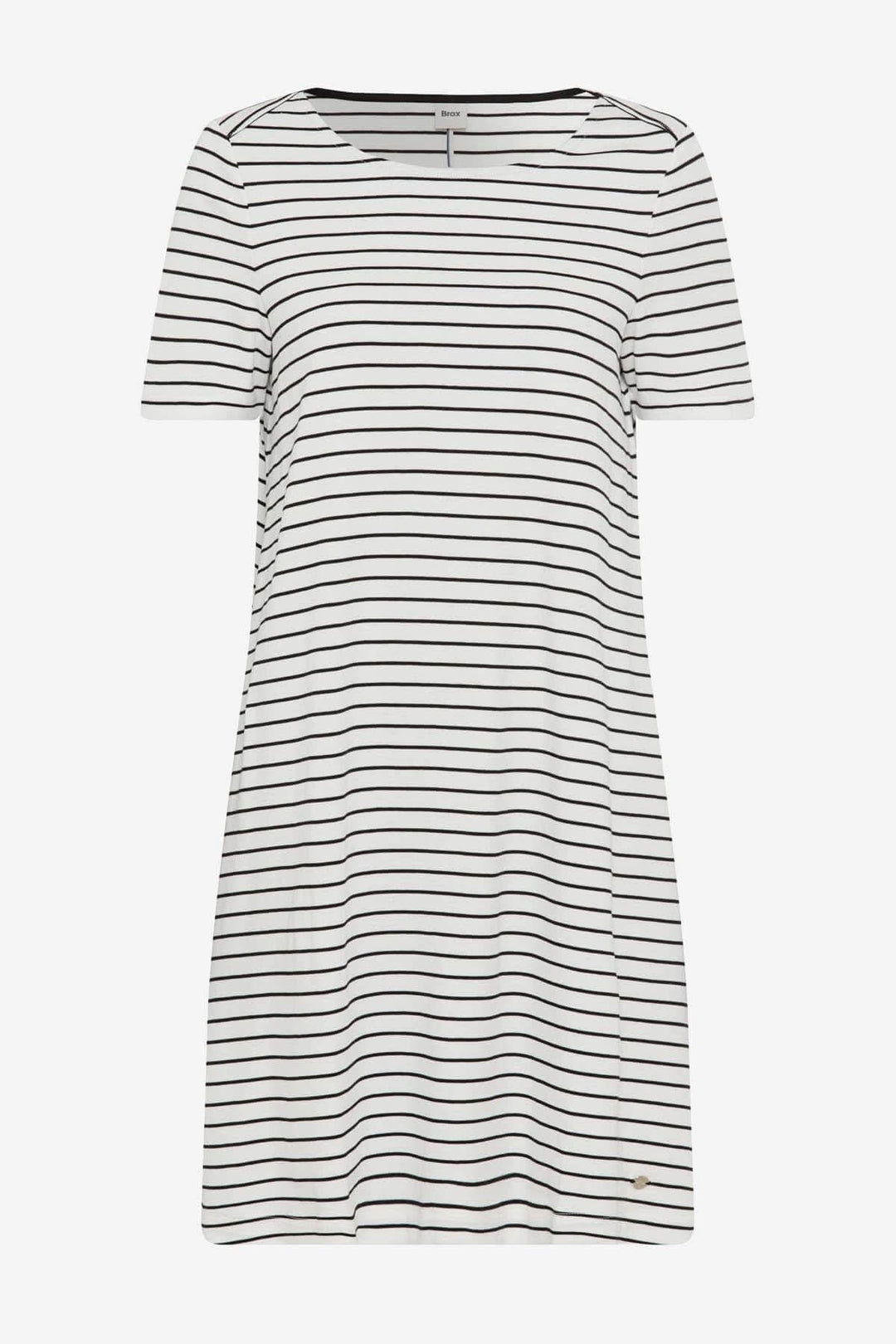 Robe rayée GRACE pour femme, coupe ajustée blanc et noir, encolure ras du cou, style moderne et maritime.