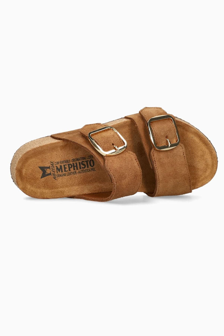 Sandalle Bayane en cuir marron avec brides ajustables et boucle décorative, offrant confort et soutien pour un usage quotidien.