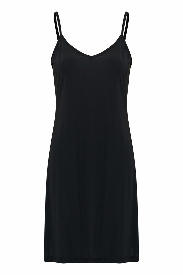 Sous-robe Lissandra noire avec encolure en V et bretelles spaghetti pour un tombé parfait sous les robes.