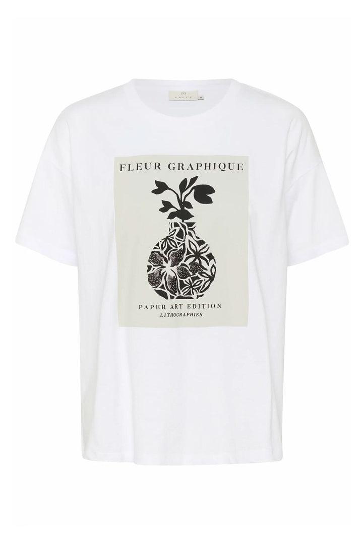 T-shirt blanc avec imprimé graphique floral en noir, design moderne inspiré de la nature et du papier découpé.