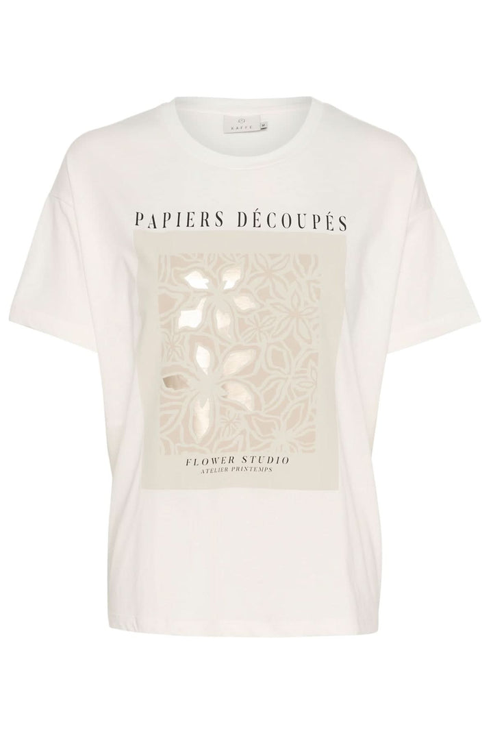 T-shirt blanc à imprimé artistique inspiré du papier découpé, motif floral, coupe décontractée.