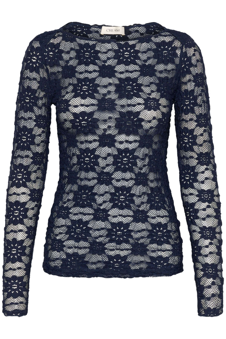 T-shirt Maddie en dentelle avec manches longues et encolure arrondie, coupe ajustée et féminine élégante pour un look sophistiqué.