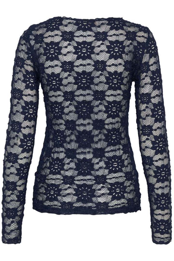 T-shirt Maddie en dentelle avec manches longues et coupe ajustée, idéal pour une allure féminine et sophistiquée. Découpe en dentelle élégante.