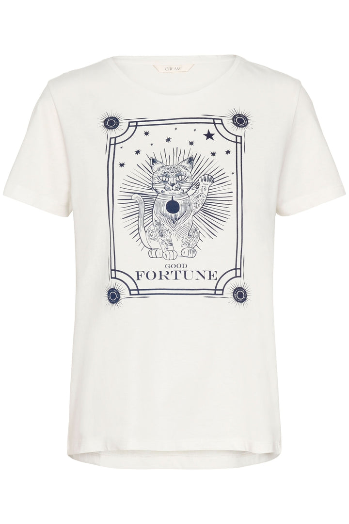 T-shirt Nikita blanc avec imprimé graphique porte-bonheur et motif chat stylisé, coupe droite, manches courtes, encolure ronde.