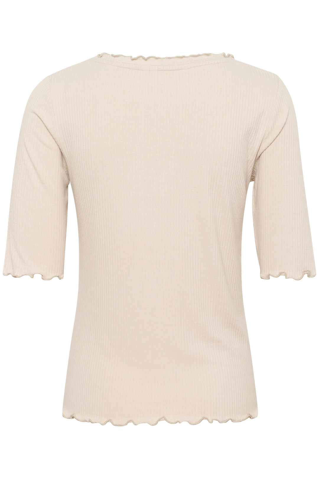 T-shirt Ribba beige en jersey côtelé, vue arrière, avec encolure et ourlet festonnés.