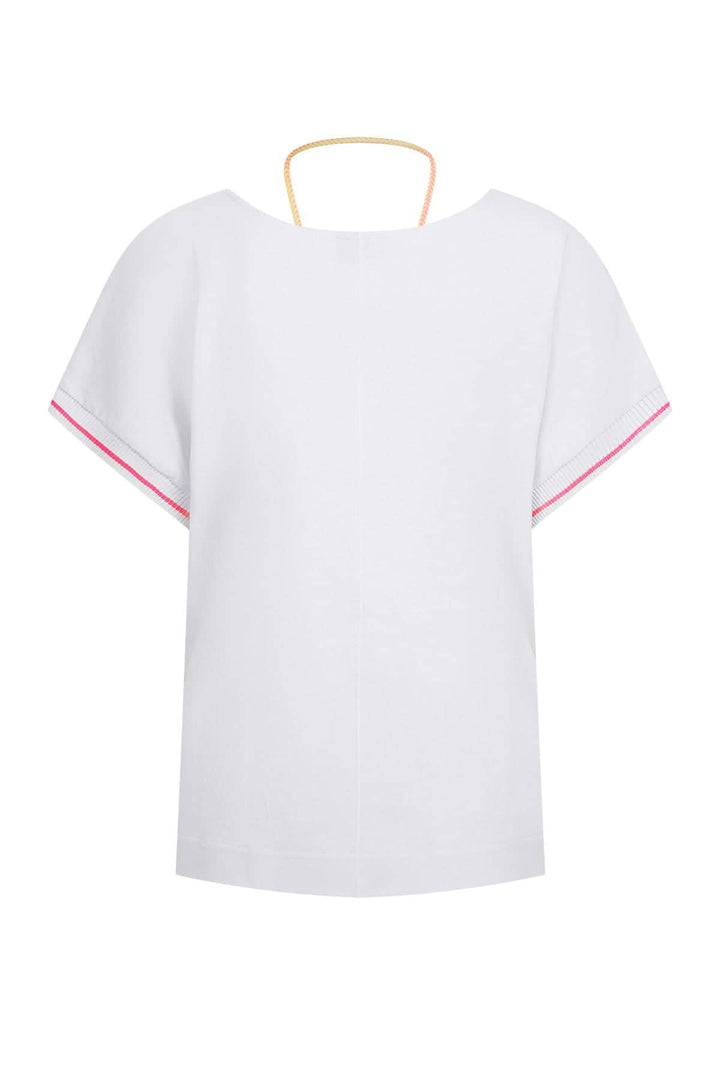 T-shirt Toneli blanc femme, encolure V, manches courtes chauve-souris, détails roses, été en ville ou en vacances.