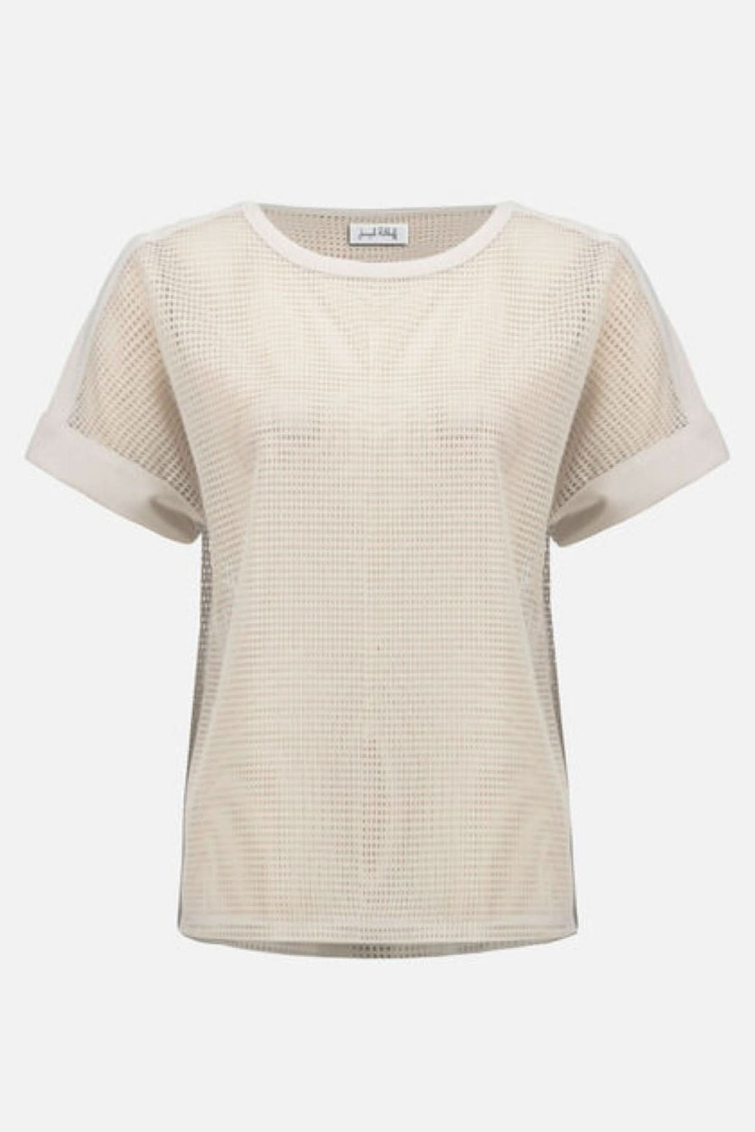 T-shirt ajouré fluide avec maille quadrillée et manches courtes à revers, idéal pour un style contemporain et décontracté.