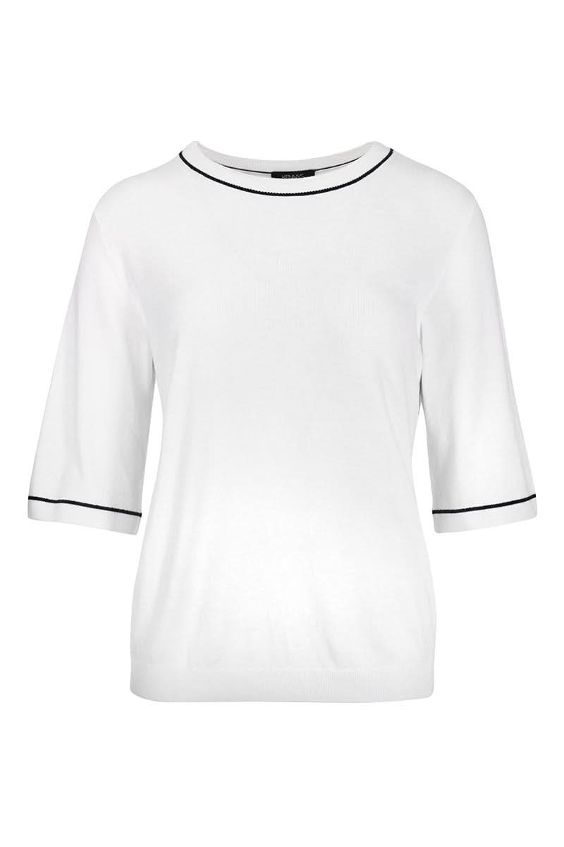 T-shirt avec lignes en maille fine, coupe droite, encolure ronde, manches avec finitions contrastantes. Polyvalent et moderne.
