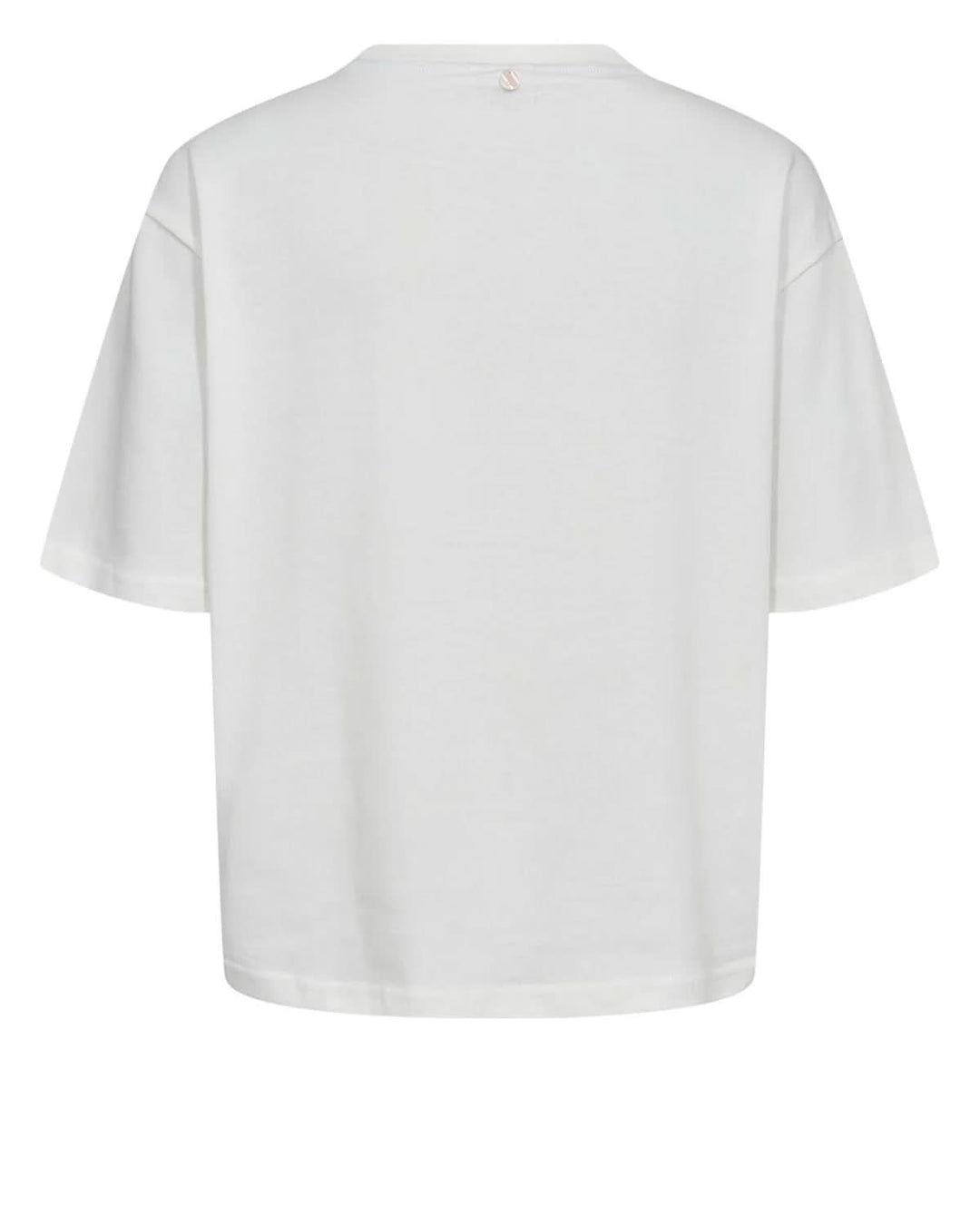 Dos du T-shirt à broderies florales avec coupe ample et manches courtes, style minimaliste et fini épuré, en tissu doux et respirant.