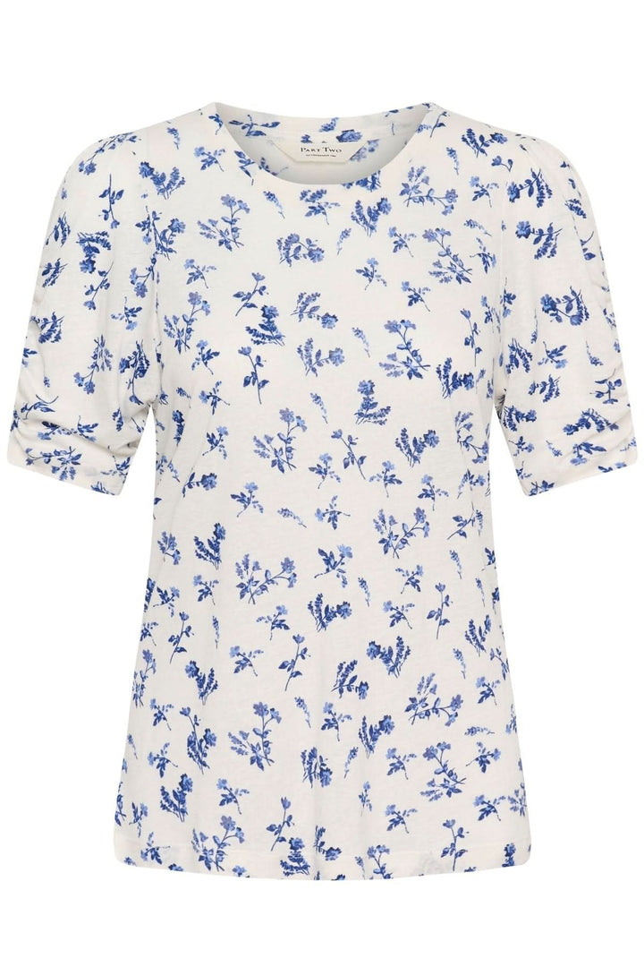 T-shirt imprimé floral Brizette blanc avec manches courtes froncées et encolure ronde, tissu doux et léger.