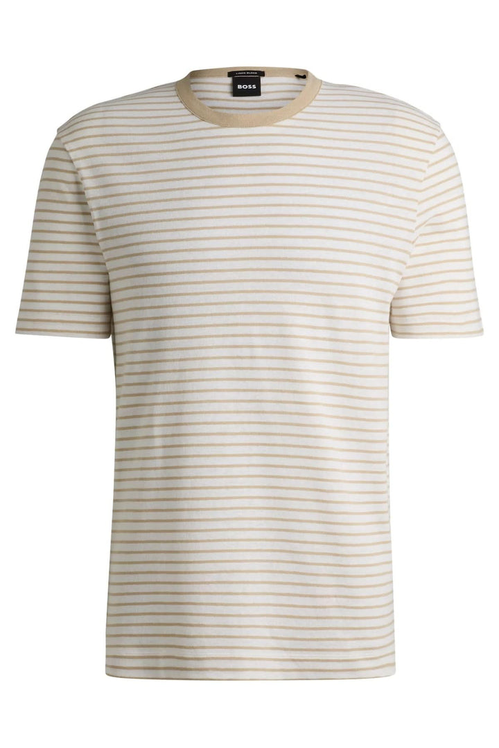 T-shirt rayé décontracté en coton doux avec col contrastant et motif à fines rayures horizontales.