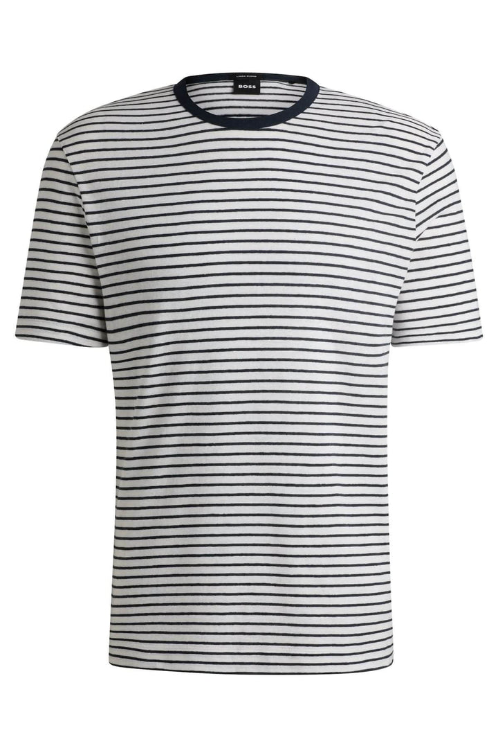 T-shirt rayé à la coupe décontractée avec col contrastant, motif horizontal et manches courtes.