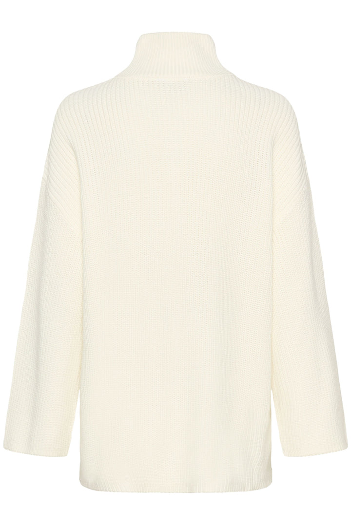 Tricot Pietra, tricot ample blanc avec col montant et fermeture zippée, style décontracté idéal pour superpositions et confort quotidien.
