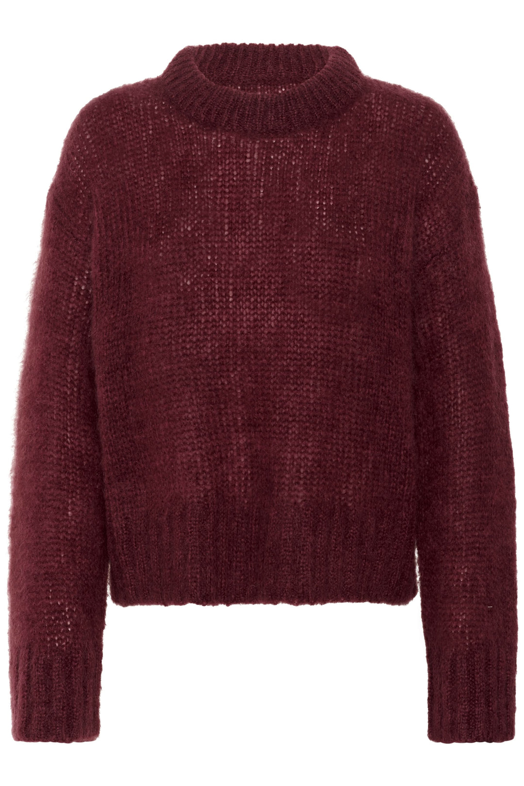 Tricot Sile à col rond, coupe ample, maille duveteuse, couleur bordeaux, parfait pour un look cosy et moderne.