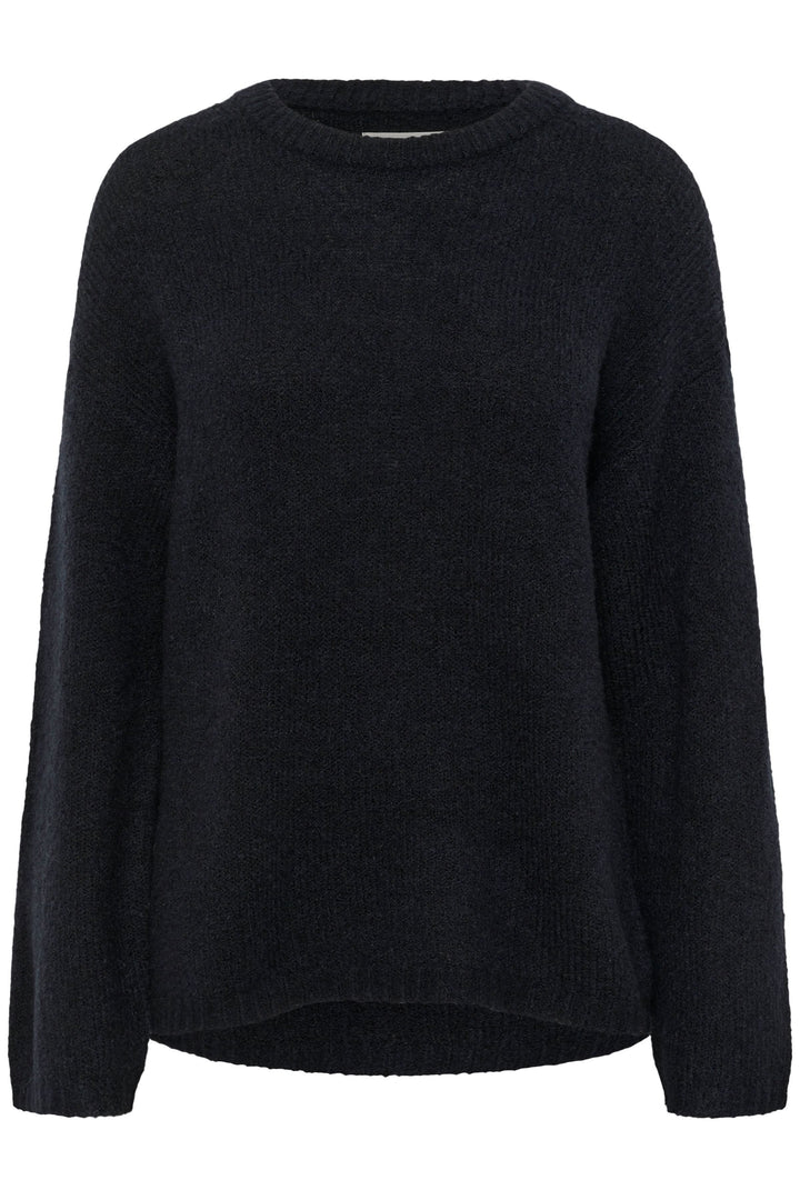 Tricot Spence noir uni à col rond, manches longues et coupe droite, idéal pour un style décontracté chic et confortable.