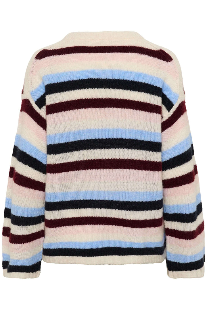 Pull Tricot Spence rayé multicolore, manches longues, col rond, coupe droite, idéal pour superpositions ou look décontracté chic.