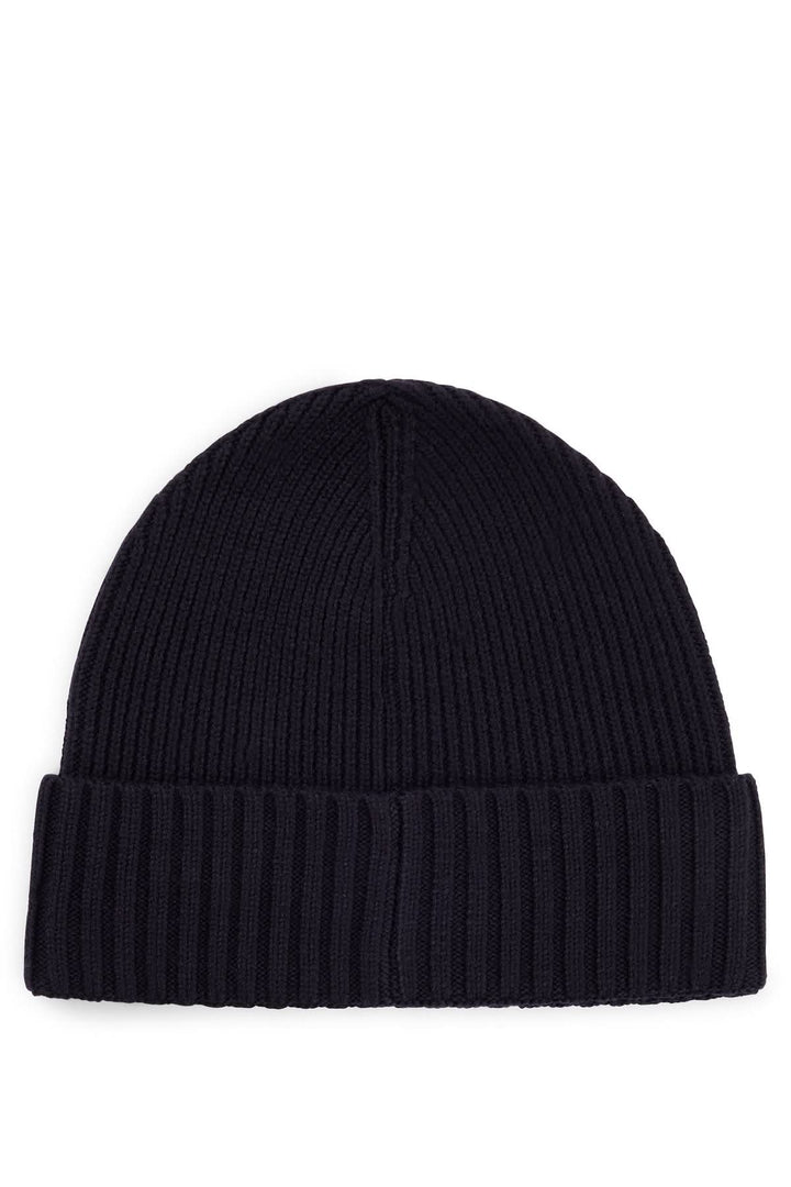 Bonnet en laine noir côtelé avec revers, étiquette logo BOSS, doux et confortable.