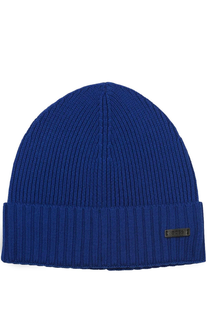 Bonnet douillet en laine bleu avec étiquette logo BOSS, tricoté en structure côtelée.