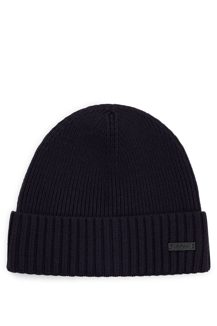 Bonnet en laine noir avec étiquette logo BOSS, tricoté en structure côtelée, élégant et douillet.