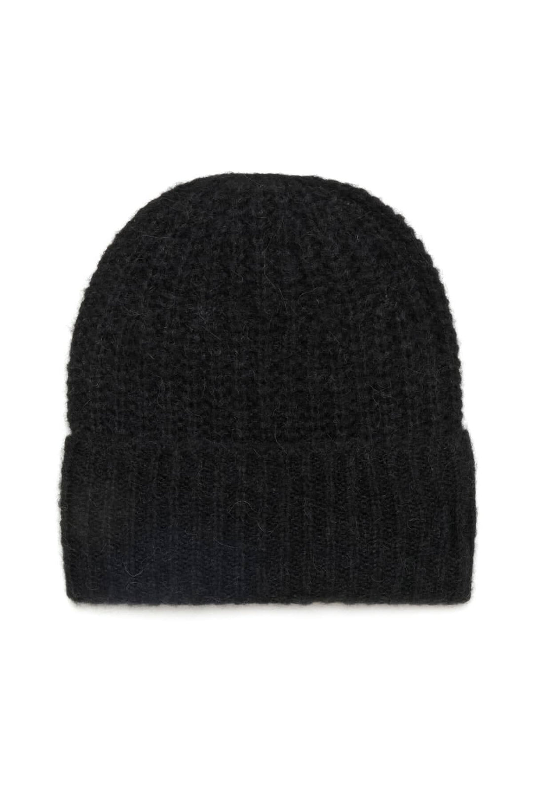 Tuque moelleuse noire en tricot à rebord côtelé, idéale pour allier confort et style en hiver.