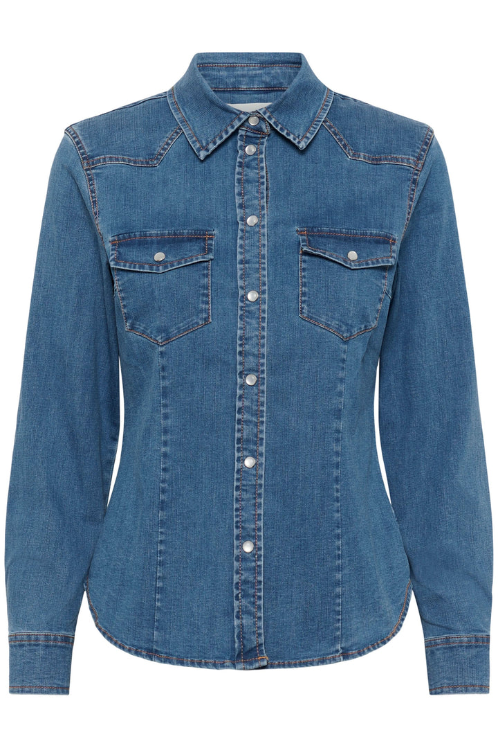 Veste Sanilla en denim bleu avec détails western, coupe ajustée et poches à rabat.