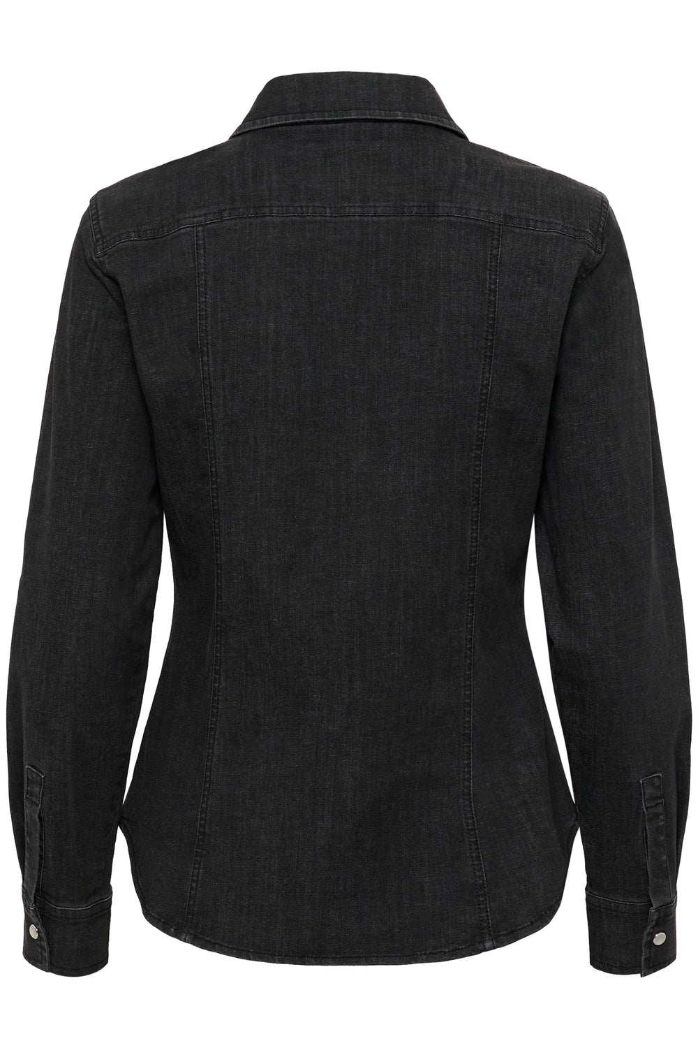 Veste Sanilla en denim noir, vue arrière, coupe ajustée et détails pratiques, idéale pour un style moderne.