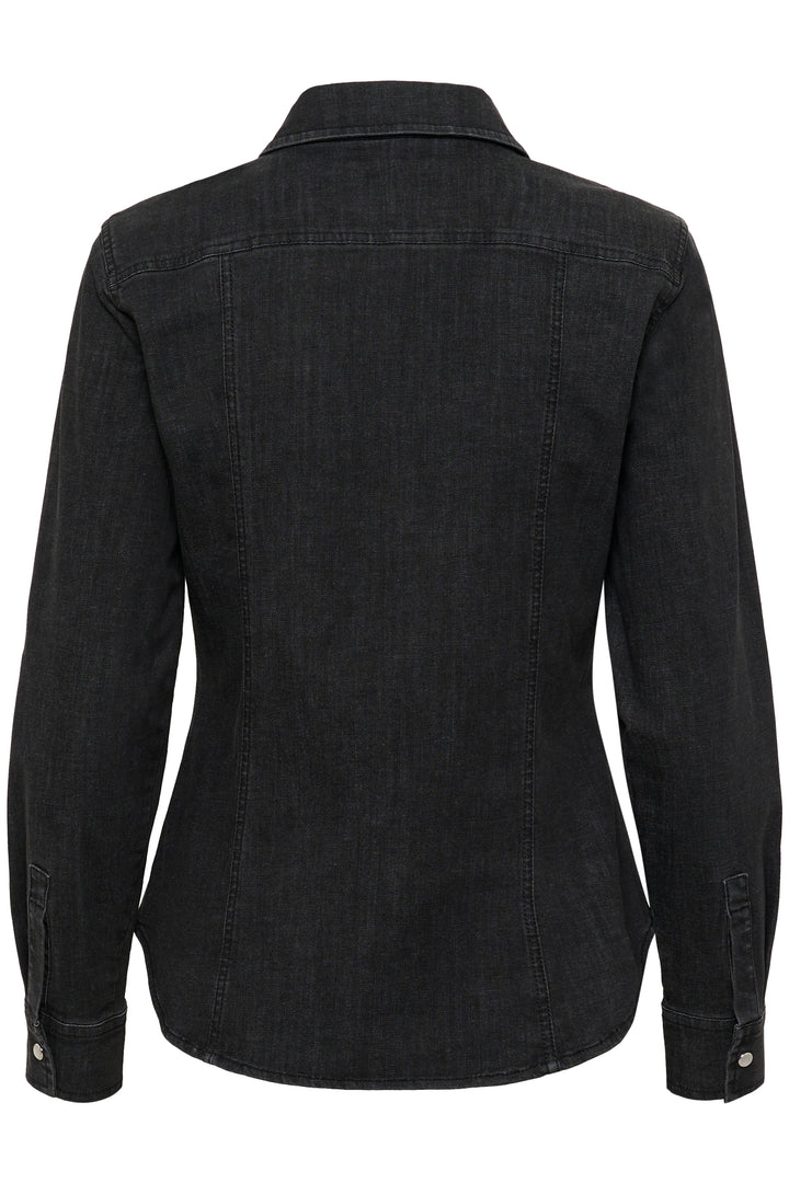 Veste Sanilla en denim noir, vue arrière, coupe ajustée et détails pratiques, idéale pour un style moderne.