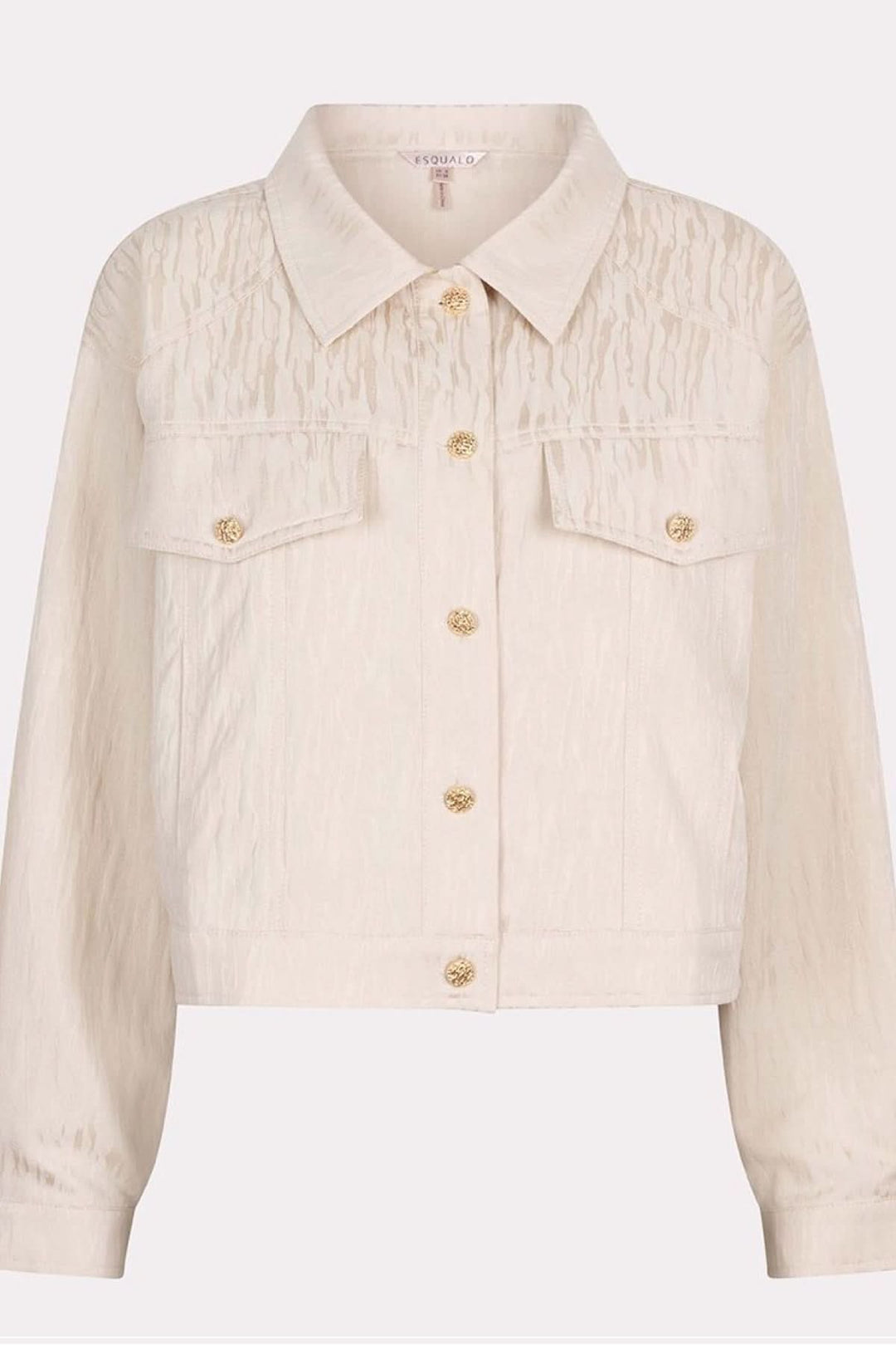 Veste courte en jacquard texturé avec boutons dorés et poches, look moderne et élégant.