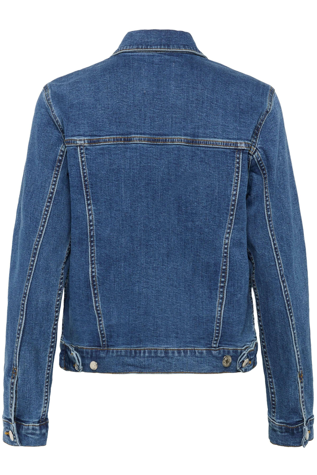 Veste en jeans Nicholia en denim bleu avec coupe droite et fermetures à boutons métalliques, vue arrière.