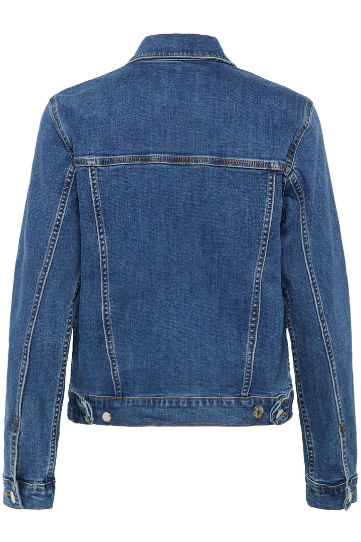 Veste en jeans Nicholia en denim bleu avec coupe droite et fermetures à boutons métalliques, vue arrière.