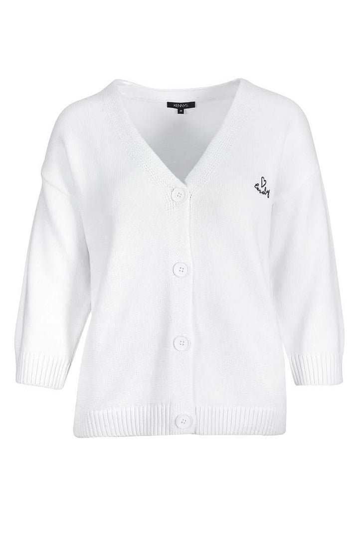 Veste en maille boutonnée blanche avec encolure en V, manches trois-quarts, idéale pour une tenue décontractée ou élégante.