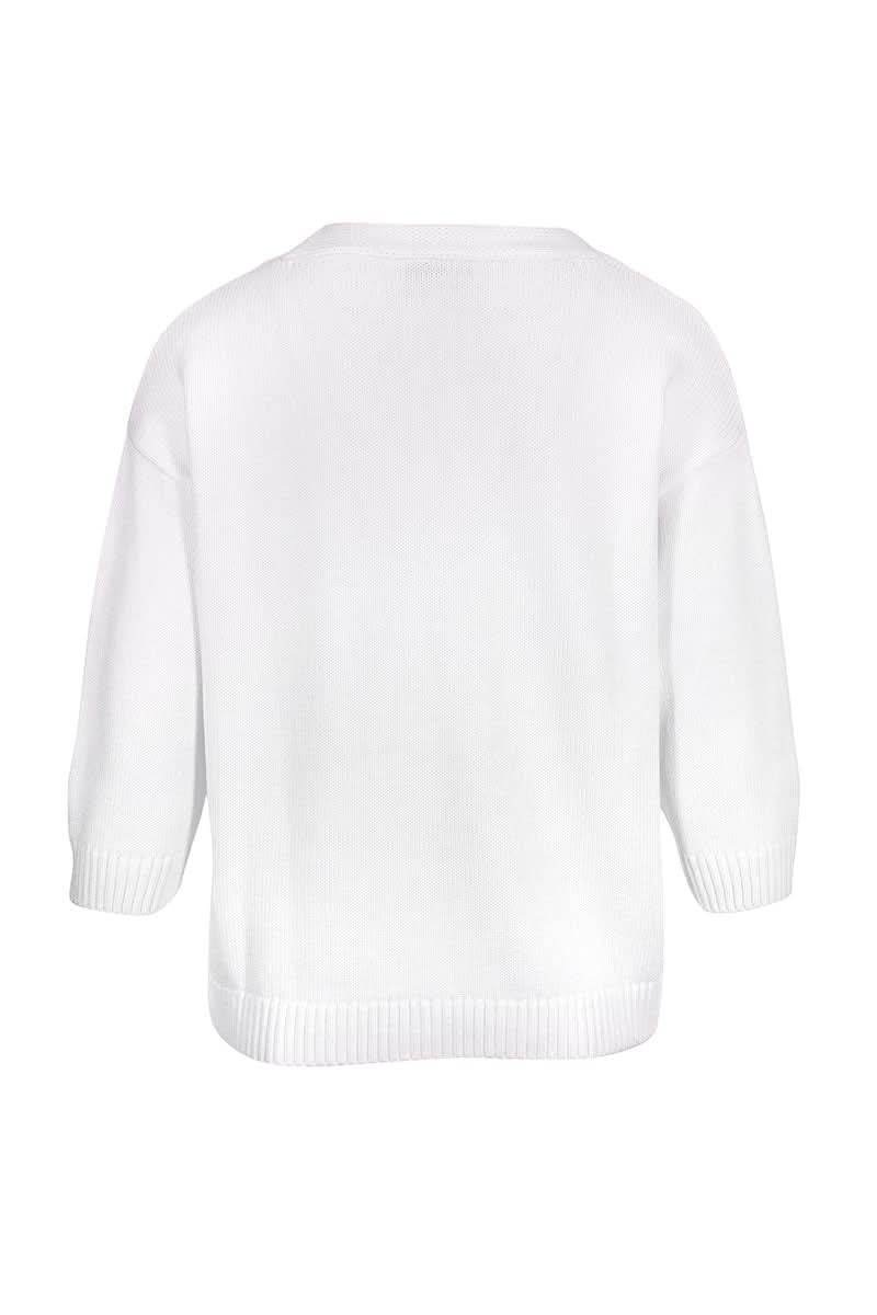 Veste en maille boutonnée blanche avec manches trois-quarts et encolure en V, vue arrière élégante et confortable.