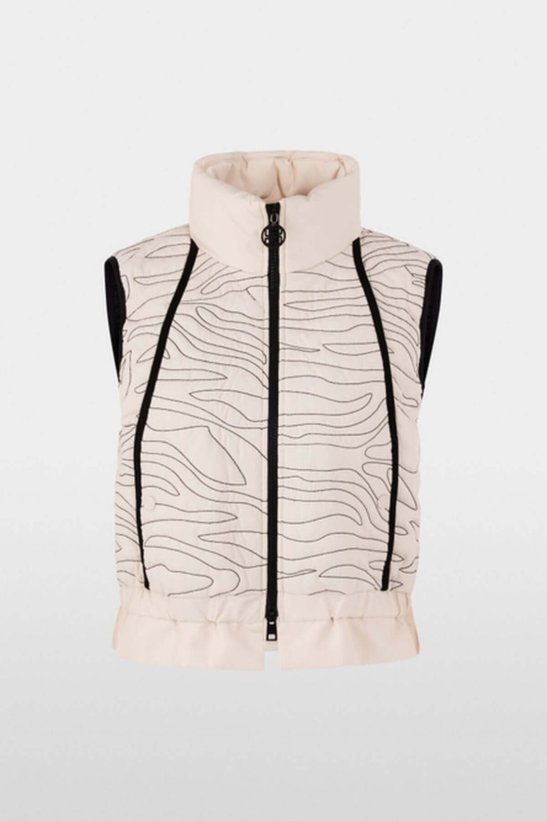 Veste matelassée avec surpiqûres ondulées, col montant, ceinture élastique et poches latérales. Gilet moderne et chaud.