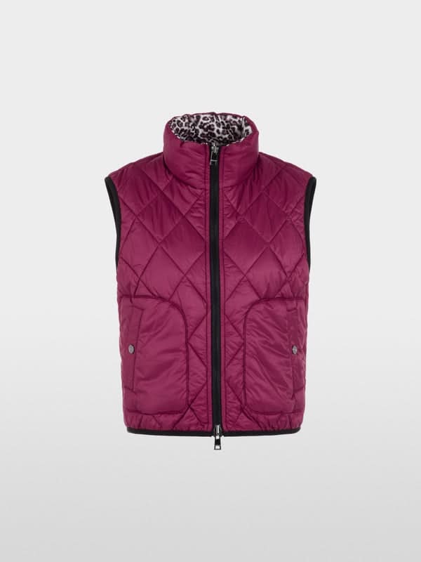 Veste sans manche réversible matelassée avec imprimé léopard et col montant. Décris moi le produit en français.