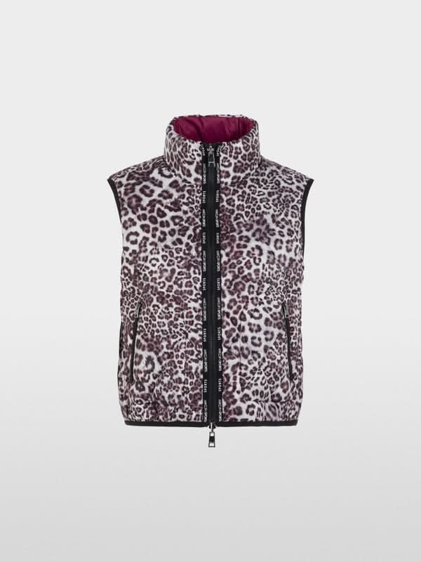 Veste sans manche réversible avec imprimé léopard et fermeture éclair, idéale pour style varié et occasions spéciales.