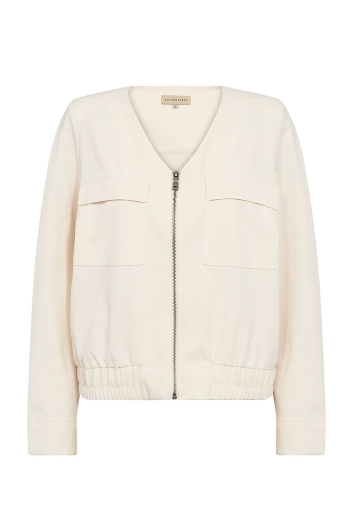 Veste zipée blanche avec col en V, poches plaquées et ourlet élastique, idéale pour tenues décontractées et professionnelles.