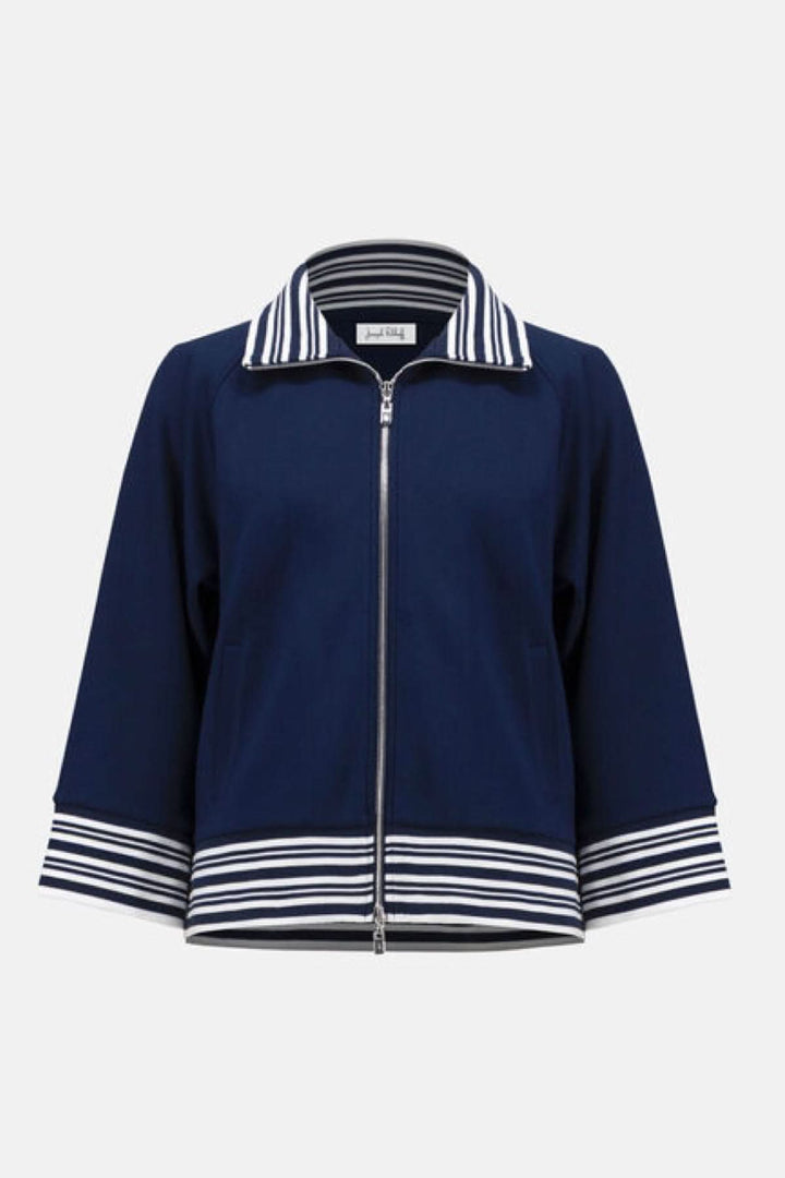 Veste zippée à rayures contrastantes, décontractée avec finition rayée aux poignets et col, vue de face.
