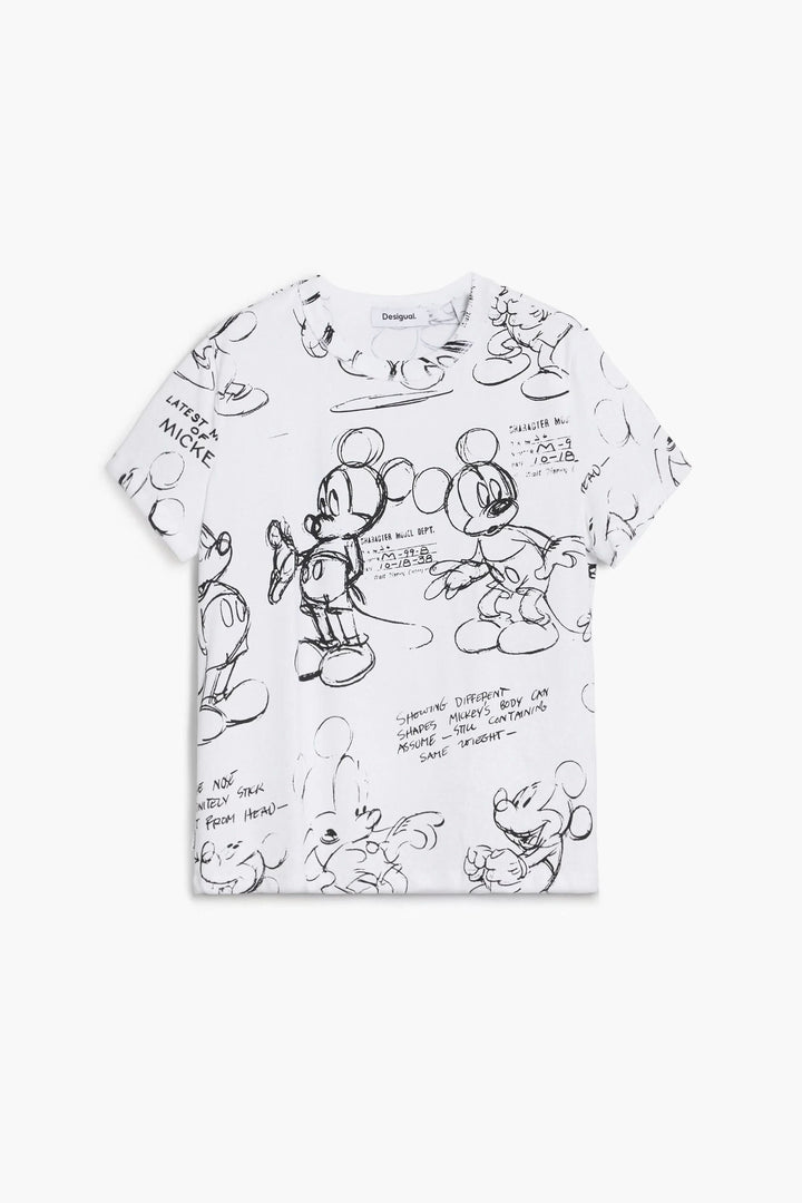 T-shirt Mickey Mouse avec imprimés artistiques en noir et blanc, coupe courte pour un style urbain décontracté.