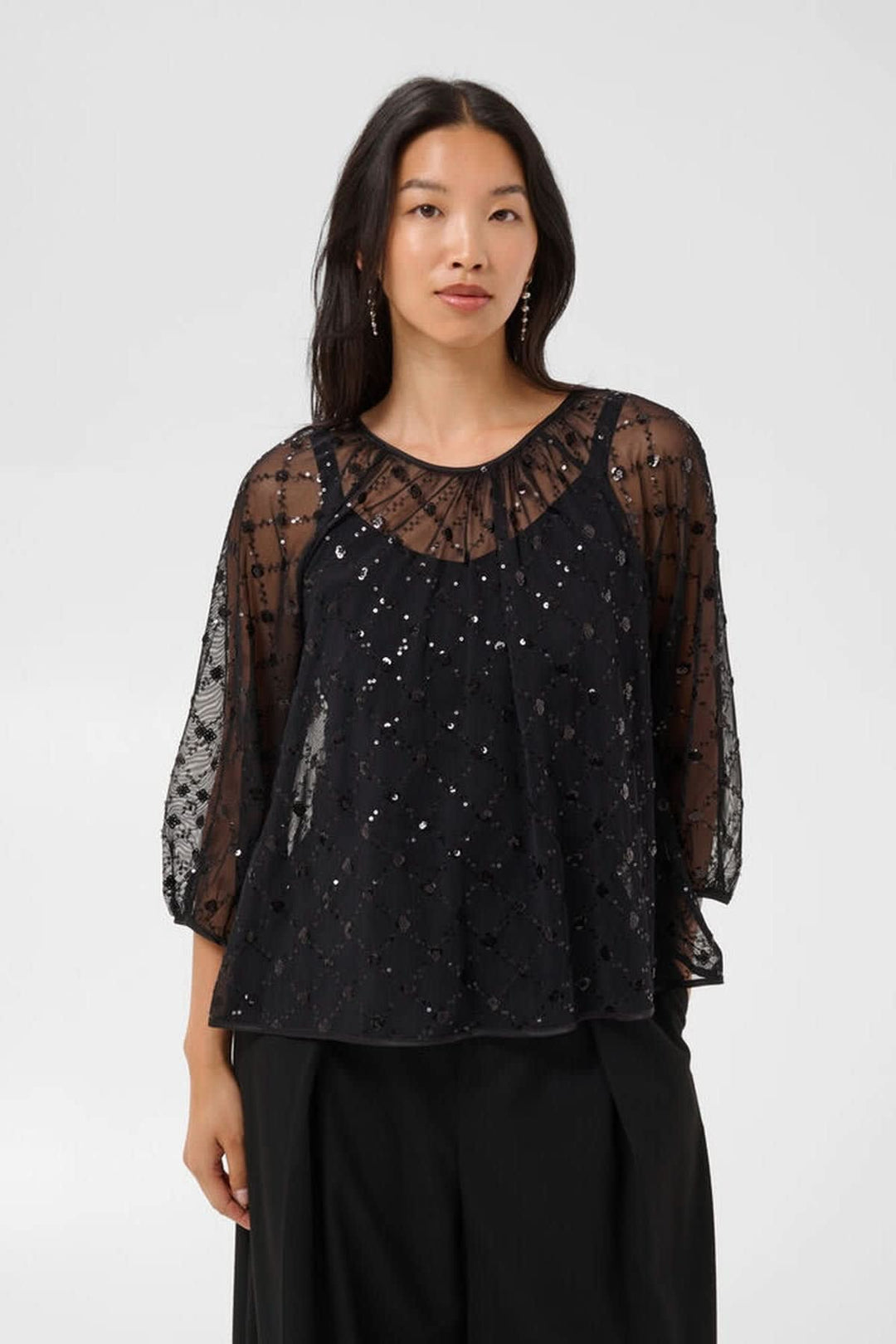 Women’s black Dimka sequin lace blouse, front view Part Two