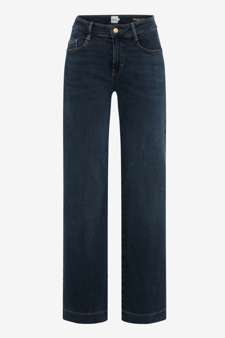 Jean évasé délavé, taille mi-haute, fermeture à glissière, style moderne et décontracté.