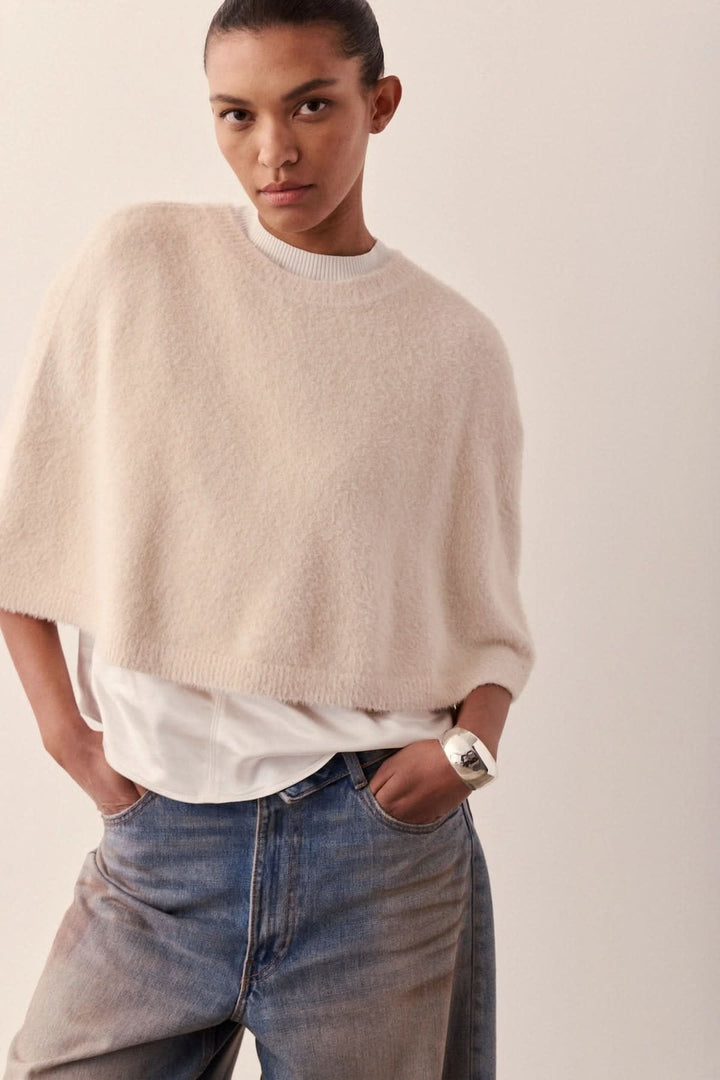 Melissa Nepton Otto Cape in fluffy knit with short sleeves, front view, for women