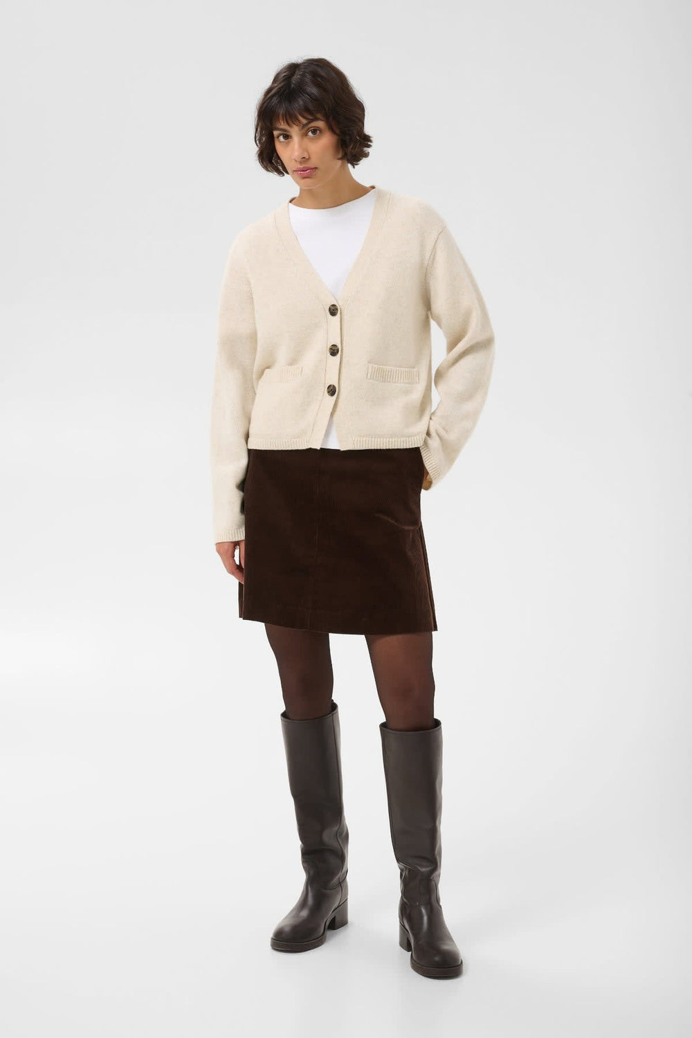 Women's V-neck knit cardigan front view Part Two